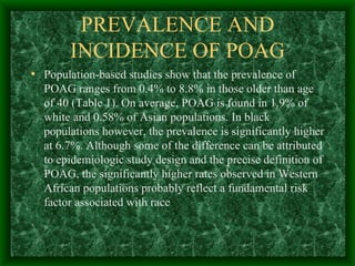 PREVALENCE AND INCIDENCE OF POAG Population-based studies show that the prevalence of POAG ranges from 0.4% to 8.8% in those older than age of 40 (Table 1). On average, POAG is found in 1.9% of white and 0.58% of Asian populations. In black populations however, the prevalence is significantly higher at 6.7%. Although some of the difference can be attributed to epidemiologic study design and the precise definition of POAG, the significantly higher rates observed in Western African populations probably reflect a fundamental risk factor associated with race  