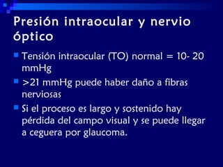 Presión intraocular y nervio
óptico
Tensión intraocular (TO) normal = 10- 20
mmHg
 >21 mmHg puede haber daño a fibras
nerviosas
 Si el proceso es largo y sostenido hay
pérdida del campo visual y se puede llegar
a ceguera por glaucoma.


 