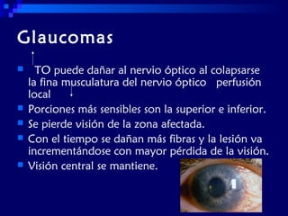 Glaucomas







TO puede dañar al nervio óptico al colapsarse
la fina musculatura del nervio óptico perfusión
local
Porciones más sensibles son la superior e inferior.
Se pierde visión de la zona afectada.
Con el tiempo se dañan más fibras y la lesión va
incrementándose con mayor pérdida de la visión.
Visión central se mantiene.

 