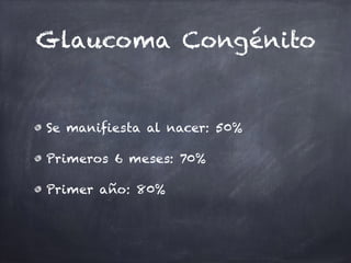 Glaucoma Congénito
Se manifiesta al nacer: 50%
Primeros 6 meses: 70%
Primer año: 80%
 