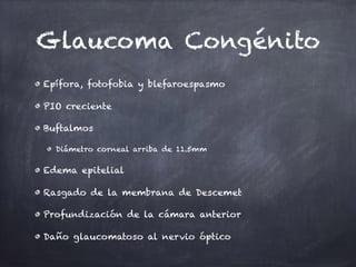 Glaucoma Congénito
Epífora, fotofobia y blefaroespasmo
PIO creciente
Buftalmos
Diámetro corneal arriba de 11.5mm
Edema epitelial
Rasgado de la membrana de Descemet
Profundización de la cámara anterior
Daño glaucomatoso al nervio óptico
 
