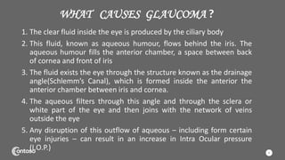 WHAT CAUSES GLAUCOMA ?
1. The clear fluid inside the eye is produced by the ciliary body
2. This fluid, known as aqueous humour, flows behind the iris. The
aqueous humour fills the anterior chamber, a space between back
of cornea and front of iris
3. The fluid exists the eye through the structure known as the drainage
angle(Schlemm’s Canal), which is formed inside the anterior the
anterior chamber between iris and cornea.
4. The aqueous filters through this angle and through the sclera or
white part of the eye and then joins with the network of veins
outside the eye
5. Any disruption of this outflow of aqueous – including form certain
eye injuries – can result in an increase in Intra Ocular pressure
(I.O.P.) 6
 