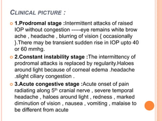 CLINICAL PICTURE :
 1.Prodromal stage :Intermittent attacks of raised
IOP without congestion -----eye remains white brow
ache , headache , blurring of vision { occasionally
}.There may be transient sudden rise in IOP upto 40
or 60 mmhg.
 2.Constant instability stage :The intermittency of
prodromal attacks is replaced by regularity.Haloes
around light because of corneal edema .headache
.slight ciliary congestion .
 3.Acute congestive stage :Acute onset of pain
radiating along 5th cranial nerve , severe temporal
headache , haloes around light , redness , marked
diminution of vision , nausea , vomiting , malaise to
be different from acute
 