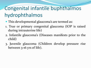 Congenital infantile buphthalmos
hydrophthalmos
 This developmental glaucoma’s are termed as:
1. True or primary congenital glaucoma (IOP is raised
during intrauterine life)
2. Infantile glaucoma’s (Diseases manifests prior to the
child)
3. Juvenile glaucoma (Children develop pressure rise
between 3-16 yrs of life).
 