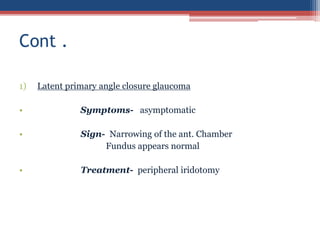 1) Latent primary angle closure glaucoma
• Symptoms- asymptomatic
• Sign- Narrowing of the ant. Chamber
Fundus appears normal
• Treatment- peripheral iridotomy
Cont .
 