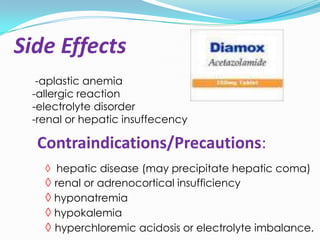 Side Effects
  -aplastic anemia
 -allergic reaction
 -electrolyte disorder
 -renal or hepatic insuffecency

  Contraindications/Precautions:
   ◊ hepatic disease (may precipitate hepatic coma)
   ◊ renal or adrenocortical insufficiency
   ◊ hyponatremia
   ◊ hypokalemia
   ◊ hyperchloremic acidosis or electrolyte imbalance.
 