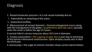 Diagnosis
1 . Raised intraocular pressure—It is not raised markedly due to:
I . Extensibility or stretching of the sclera
ii . Uveoscleral outflow.
2 . Measurement of corneal diameter—Corneal enlargement occurs along
with the enlargement of the globe—buphthalmos (Bull-like eyes), specially
when the onset is before the age of 3 years.
A normal infant’s cornea measures about 10.5 mm in diameter.
3 . Fundus examination—The cupping of optic disc is seen due to stretching
of the lamina cribrosaand raised tension. Optic atrophy usually sets in after
the third year.
4. Gonioscopy—The angle of anterior chamber shows certain abnormalities.
 