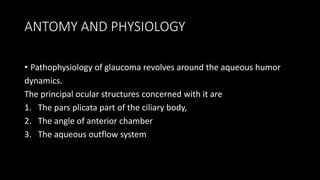 ANTOMY AND PHYSIOLOGY
• Pathophysiology of glaucoma revolves around the aqueous humor
dynamics.
The principal ocular structures concerned with it are
1. The pars plicata part of the ciliary body,
2. The angle of anterior chamber
3. The aqueous outflow system
 
