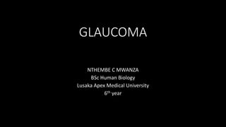 GLAUCOMA
NTHEMBE C MWANZA
BSc Human Biology
Lusaka Apex Medical University
6th year
 