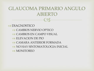 
 DIAGNOSTICO
 CAMBIOS NERVIO OPTICO
 CAMBIOS EN CAMPO VISUAL
 ELEVACION DE PIO
 CAMARA ANTERIOR FORMADA
 NO HAY SINTOMATOLOGIA INICIAL
 MONITOREO
GLAUCOMA PRIMARIO ANGULO
ABIERTO
 