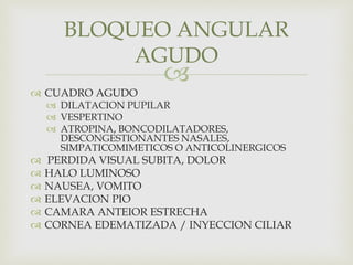
 CUADRO AGUDO
 DILATACION PUPILAR
 VESPERTINO
 ATROPINA, BONCODILATADORES,
DESCONGESTIONANTES NASALES,
SIMPATICOMIMETICOS O ANTICOLINERGICOS
 PERDIDA VISUAL SUBITA, DOLOR
 HALO LUMINOSO
 NAUSEA, VOMITO
 ELEVACION PIO
 CAMARA ANTEIOR ESTRECHA
 CORNEA EDEMATIZADA / INYECCION CILIAR
BLOQUEO ANGULAR
AGUDO
 