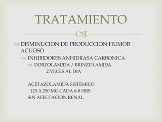 
 DISMINUCION DE PRODUCCION HUMOR
ACUOSO
 INHIBIDORES ANHIDRASA CARBONICA
 DORZOLAMIDA / BRINZOLAMIDA
2 VECES AL DIA
ACETAZOLAMIDA SISTEMICO
125 A 250 MG CADA 6-8 HRS
SIN AFECTACION RENAL
TRATAMIENTO
 