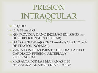 
 PIO/TIO
 11 A 21 mmHG
 NO PROVOCA DAÑO INCLUSO EN LOS 30 mm
HG ( HIPERTENSION OCULAR)
 DAÑO POR DEBAJO DE 21 mmHG( GLAUCOMA
DE TENSION NORMAL)
 VARIA CON EL MOMENTO DEL DIA, LATIDO
CARDIACO, PRESION ARTERIAL Y
RESPIRACION
 MAS ALTA POR LAS MAÑANAS Y SE
ESTABILIZA AL MEDIO DIA Y TARDE
PRESION
INTRAOCULAR
 