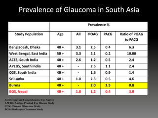 Prevalence of Glaucoma in South Asia
Prevalence %
Study Population Age All POAG PACG Ratio of POAG
to PACG
Bangladesh, Dhaka 40 + 3.1 2.5 0.4 6.3
West Bengal, East India 50 + 3.3 3.1 0.2 10.00
ACES, South India 40 + 2.6 1.2 0.5 2.4
APEDS, South India 40 + - 2.6 1.1 2.4
CGS, South India 40 + - 1.6 0.9 1.4
Sri Lanka 40 + 1.0 2.3 0.5 4.6
Burma 40 + - 2.0 2.5 0.8
BGS, Nepal 40 + 1.8 1.2 0.4 3.0
ACES: Aravind Comprehensive Eye Survey
APEDS: Andhra Pradesh Eye Disease Study
CGS: Chennai Glaucoma Study
BGS: Bhaktapur Glaucoma Study
 