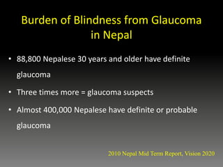 Burden of Blindness from Glaucoma
in Nepal
• 88,800 Nepalese 30 years and older have definite
glaucoma
• Three times more = glaucoma suspects
• Almost 400,000 Nepalese have definite or probable
glaucoma
2010 Nepal Mid Term Report, Vision 2020
 