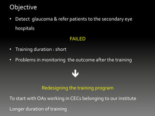 Objective
• Detect glaucoma & refer patients to the secondary eye
hospitals
FAILED
• Training duration : short
• Problems in monitoring the outcome after the training

Redesigning the training program
To start with OAs working in CECs belonging to our institute
Longer duration of training
 