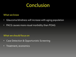 Conclusion
What we know
• Glaucoma blindness will increase with aging population
• PACG causes more visual morbidity than POAG
What we should focus on
• Case Detection & Opportunistic Screening
• Treatment, economics
 