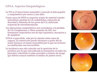 GPAA. Aspectos fisiopatológicos.
La TO es el único factor manejable y precede al daño papilar
y campimétrico por meses y aún años.
Como causa de HTO se sospecha acopio de material extraño
(miocilina), pérdida de Cls endoteliales, reducción de
densidad y diámetro de los poros del CS, deficiente
respuesta de retroalimentación
Las alteraciones campimétricas son secundarias a la pérdida
de Cls Ganglionares y fibras axonales de NO. Los
fenómenos sospechosos son de tipo isquémico, mecánicos y
de apoptósis.
GPAA es precedido solo por la catarata como causa de
ceguera. El control solo puede efectuarse a partir del dx
(suele iniciarse en forma insensible) por lo que las lesiones
ya establecidas son irreversibles.
La incidencia mas alta coincide con la aparición de la
presbicia por lo que está indicada la tonometría en todos los
pacientes, sobretodo si están asociados a factores de riesgo
que deberá conocer también el médico de primer nivel.
 