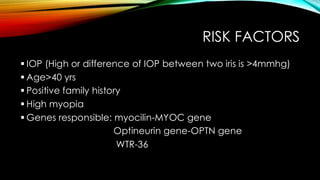 RISK FACTORS
▪ IOP (High or difference of IOP between two iris is >4mmhg)
▪ Age>40 yrs
▪ Positive family history
▪ High myopia
▪ Genes responsible: myocilin-MYOC gene
Optineurin gene-OPTN gene
WTR-36
 