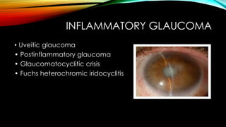 INFLAMMATORY GLAUCOMA
• Uveitic glaucoma
• Postinflammatory glaucoma
• Glaucomatocyclitic crisis
• Fuchs heterochromic iridocyclitis
 