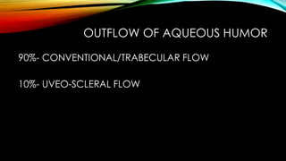 OUTFLOW OF AQUEOUS HUMOR
90%- CONVENTIONAL/TRABECULAR FLOW
10%- UVEO-SCLERAL FLOW
 