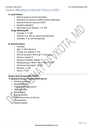 PG Notes: Glaucoma Dr. Prabhat Devkota, MD
9 | P a g e
drprabhatdevkota@gmail.com
Factors Affecting Intraocular Pressure (IOP)
A. Local Factors
• Rate of aqueous humor formation
• Resistance to aqueous outflow (most important)
• Episcleral venous pressure (EVP)
• Pupillary dilatation
• Refractive error: Myopia → ↑ IOP
Drugs affecting IOP
• Steroids → ↑ IOP
• Alcohol → ↓ IOP (↓ aqueous production)
• Cannabis → ↓ IOP (temporary)
B. General Factors
• Heredity
• Age: ↑ after 40 years
• Female sex: Slightly ↑ risk
• Diurnal variation: Morning ↑, Evening ↓
• Posture: Supine ↑
• Seasonal variation: Winter ↑
• Blood pressure: Mild ↑ BP → Mild ↑ IOP
• Hormonal stimulation: ↑ IOP
• Exercise: ↓ IOP
• Stress: ↑ IOP
Factors that Increase IOP (↑ IOP)
↑ Episcleral Venous Pressure (EVP) due to:
• Valsalva maneuver
• Breath holding
• Playing wind instruments
• Tight collar/tie
• Bending over
• Supine position
• External pressure on the eye
• Lid squeezing
• Blepharospasm
 