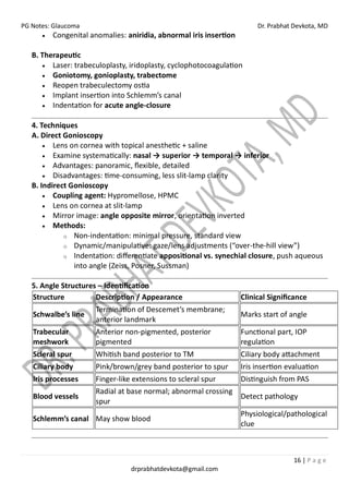 PG Notes: Glaucoma Dr. Prabhat Devkota, MD
16 | P a g e
drprabhatdevkota@gmail.com
• Congenital anomalies: aniridia, abnormal iris insertion
B. Therapeutic
• Laser: trabeculoplasty, iridoplasty, cyclophotocoagulation
• Goniotomy, gonioplasty, trabectome
• Reopen trabeculectomy ostia
• Implant insertion into Schlemm’s canal
• Indentation for acute angle-closure
4. Techniques
A. Direct Gonioscopy
• Lens on cornea with topical anesthetic + saline
• Examine systematically: nasal → superior → temporal → inferior
• Advantages: panoramic, flexible, detailed
• Disadvantages: time-consuming, less slit-lamp clarity
B. Indirect Gonioscopy
• Coupling agent: Hypromellose, HPMC
• Lens on cornea at slit-lamp
• Mirror image: angle opposite mirror, orientation inverted
• Methods:
o Non-indentation: minimal pressure, standard view
o Dynamic/manipulative: gaze/lens adjustments (“over-the-hill view”)
o Indentation: differentiate appositional vs. synechial closure, push aqueous
into angle (Zeiss, Posner, Sussman)
5. Angle Structures – Identification
Structure Description / Appearance Clinical Significance
Schwalbe’s line
Termination of Descemet’s membrane;
anterior landmark
Marks start of angle
Trabecular
meshwork
Anterior non-pigmented, posterior
pigmented
Functional part, IOP
regulation
Scleral spur Whitish band posterior to TM Ciliary body attachment
Ciliary body Pink/brown/grey band posterior to spur Iris insertion evaluation
Iris processes Finger-like extensions to scleral spur Distinguish from PAS
Blood vessels
Radial at base normal; abnormal crossing
spur
Detect pathology
Schlemm’s canal May show blood
Physiological/pathological
clue
 