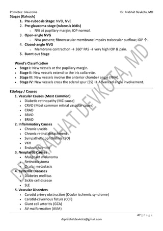 PG Notes: Glaucoma Dr. Prabhat Devkota, MD
47 | P a g e
drprabhatdevkota@gmail.com
Stages (Kahook)
1. Pre-rubeosis Stage: NVD, NVE
2. Pre-glaucoma stage (rubeosis iridis)
o NVI at pupillary margin; IOP normal.
3. Open-angle NVG
o NVA present; fibrovascular membrane impairs trabecular outflow; IOP ↑.
4. Closed-angle NVG
o Membrane contraction → 360° PAS → very high IOP & pain.
5. Burnt out Stage
Wand's Classification
• Stage I: New vessels at the pupillary margin.
• Stage II: New vessels extend to the iris collarette.
• Stage III: New vessels involve the anterior chamber angle (NVA).
• Stage IV: New vessels cross the scleral spur (SS) → Advanced angle involvement.
Etiology / Causes
1. Vascular Causes (Most Common)
• Diabetic retinopathy (MC cause)
• CRVO (Most common retinal vascular cause)
• CRAO
• BRVO
• BRAO
2. Inflammatory Causes
• Chronic uveitis
• Chronic retinal detachment
• Sympathetic ophthalmia (SO)
• VKH
• Endophthalmitis
3. Neoplastic Causes
• Malignant melanoma
• Retinoblastoma
• Ocular metastasis
4. Systemic Diseases
• Diabetes mellitus
• Sickle cell disease
• SLE
5. Vascular Disorders
• Carotid artery obstruction (Ocular ischemic syndrome)
• Carotid-cavernous fistula (CCF)
• Giant cell arteritis (GCA)
• AV malformation (AVM)
 