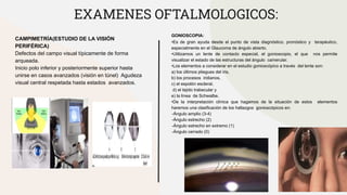CAMPIMETRÍA(ESTUDIO DE LA VISIÓN
PERIFÉRICA)
Defectos del campo visual típicamente de forma
arqueada.
Inicio polo inferior y posteriormente superior hasta
unirse en casos avanzados (visión en túnel) Agudeza
visual central respetada hasta estados avanzados.
EXAMENES OFTALMOLOGICOS:
GONIOSCOPIA:
•Es de gran ayuda desde el punto de vista diagnóstico, pronóstico y terapéutico,
especialmente en el Glaucoma de ángulo abierto.
•Utilizamos un lente de contacto especial, el gonioscopio, el que nos permite
visualizar el estado de las estructuras del ángulo camerular.
•Los elementos a considerar en el estudio gonioscópico a través del lente son:
a) los últimos pliegues del iris,
b) los procesos iridianos,
c) el espolón escleral,
d) el tejido trabecular y
e) la línea de Schwalbe.
•De la interpretación clínica que hagamos de la situación de estos elementos
haremos una clasificación de los hallazgos gonioscópicos en:
-Ángulo amplio (3-4)
-Ángulo estrecho (2)
-Ángulo estrecho en extremo (1)
-Ángulo cerrado (0)
 