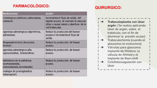 FARMACOLÓGICO: QUIRURGICO:
➔ Trabeculoplastia con láser
argón ( Se realiza aplicando
láser de argón, sobre el
trabéculo, con el ﬁn de
disminuir la presión ocular)
➔ Trabeculectomía (cuando el
glaucoma no evoluciona)
➔ Válvulas para glaucoma:
implante de Molteno, la
válvula de Ahmed y el
implante de Baerveldt
➔ Ciclofotocoagulación con
láser
 