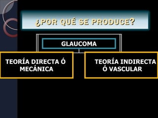 ¿ POR QUÉ SE PRODUCE ?

              GLAUCOMA

TEORÍA DIRECTA Ó     TEORÍA INDIRECTA
   MECÁNICA            Ó VASCULAR
 