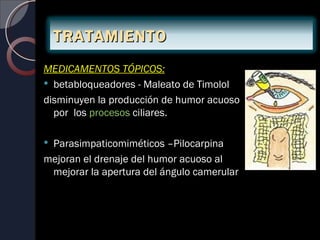TRATAMIENTO
MEDICAMENTOS TÓPICOS:
 betabloqueadores - Maleato de Timolol
disminuyen la producción de humor acuoso
  por los procesos ciliares.

Parasimpaticomiméticos –Pilocarpina
mejoran el drenaje del humor acuoso al
 mejorar la apertura del ángulo camerular
 