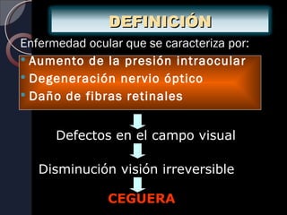 DEFINICIÓN
Enfermedad ocular que se caracteriza por:
 Aumento de la presión intraocular
 Degeneración nervio óptico
 Daño de fibras retinales



      Defectos en el campo visual

   Disminución visión irreversible

               CEGUERA
 