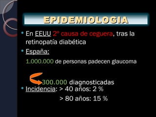 EPIDEMIOLOGIA
 En EEUU 2º causa de ceguera, tras la
  retinopatía diabética
 España:
    1.000.000 de personas padecen glaucoma


         300.000 diagnosticadas
   Incidencia: > 40 años: 2 %
                > 80 años: 15 %
 