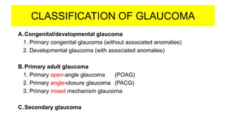 CLASSIFICATION OF GLAUCOMA
A.Congenital/developmental glaucoma
1. Primary congenital glaucoma (without associated anomalies)
2. Developmental glaucoma (with associated anomalies)
B.Primary adult glaucoma
1. Primary open-angle glaucoma (POAG)
2. Primary angle-closure glaucoma (PACG)
3. Primary mixed mechanism glaucoma
C.Secondary glaucoma
 
