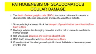 PATHOGENESIS OF GLAUCOMATOUS
OCULAR DAMAGE
• The death of retinal ganglion cells (RGCs) in a typical pattern which results in
characteristic optic disc appearance and specific visual field defects.
1. Some pathological events block the transport of growth factors (neurotrophin) from
brain to RGC
2. Blockage initiates the damaging cascades and the cell is unable to maintain its
normal function
3. Cell undergoes apoptosis and involves adjacent cells
4. RGC death associated with loss of retinal nerve fibers
5. Characteristic of disc changes and specific visual field defects become apparent
over the time
 
