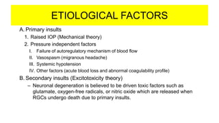 ETIOLOGICAL FACTORS
A. Primary insults
1. Raised IOP (Mechanical theory)
2. Pressure independent factors
I. Failure of autoregulatory mechanism of blood flow
II. Vasospasm (migranous headache)
III. Systemic hypotension
IV. Other factors (acute blood loss and abnormal coagulability profile)
B. Secondary insults (Excitotoxicity theory)
– Neuronal degeneration is believed to be driven toxic factors such as
glutamate, oxygen-free radicals, or nitric oxide which are released when
RGCs undergo death due to primary insults.
 