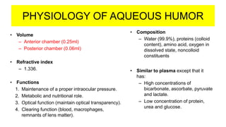 PHYSIOLOGY OF AQUEOUS HUMOR
• Volume
– Anterior chamber (0.25ml)
– Posterior chamber (0.06ml)
• Refractive index
– 1.336.
• Functions
1. Maintenance of a proper intraocular pressure.
2. Metabolic and nutritional role.
3. Optical function (maintain optical transparency).
4. Clearing function (blood, macrophages,
remnants of lens matter).
• Composition
– Water (99.9%), proteins (colloid
content), amino acid, oxygen in
dissolved state, noncolloid
constituents
• Similar to plasma except that it
has:
– High concentrations of
bicarbonate, ascorbate, pyruvate
and lactate.
– Low concentration of protein,
urea and glucose.
 