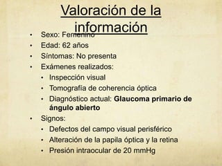 Valoración de la
•
             información
    Sexo: Femenino
•   Edad: 62 años
•   Síntomas: No presenta
•   Exámenes realizados:
    • Inspección visual
    • Tomografía de coherencia óptica
    • Diagnóstico actual: Glaucoma primario de
      ángulo abierto
•   Signos:
    • Defectos del campo visual perisférico
    • Alteración de la papila óptica y la retina
    • Presión intraocular de 20 mmHg
 