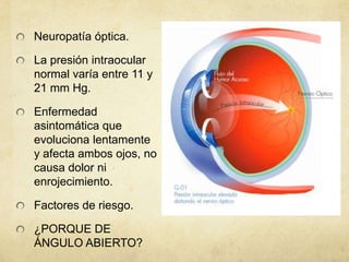 Neuropatía óptica.

La presión intraocular
normal varía entre 11 y
21 mm Hg.

Enfermedad
asintomática que
evoluciona lentamente
y afecta ambos ojos, no
causa dolor ni
enrojecimiento.

Factores de riesgo.

¿PORQUE DE
ÁNGULO ABIERTO?
 