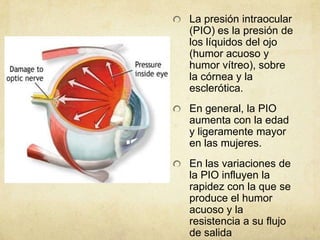 La presión intraocular
(PIO) es la presión de
los líquidos del ojo
(humor acuoso y
humor vítreo), sobre
la córnea y la
esclerótica.
En general, la PIO
aumenta con la edad
y ligeramente mayor
en las mujeres.
En las variaciones de
la PIO influyen la
rapidez con la que se
produce el humor
acuoso y la
resistencia a su flujo
de salida
 
