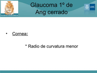 Glaucoma 1º de
               Ang cerrado


•   Cornea:

         * Radio de curvatura menor
 
