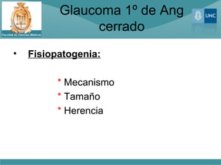 Glaucoma 1º de Ang
                cerrado
•   Fisiopatogenia:

          * Mecanismo
          * Tamaño
          * Herencia
 