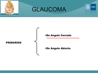 GLAUCOMA



               •De Angulo Cerrado


PRIMARIOS

               •De Angulo Abierto
 