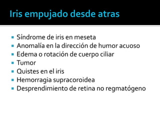    Síndrome de iris en meseta
   Anomalía en la dirección de humor acuoso
   Edema o rotación de cuerpo ciliar
   Tumor
   Quistes en el iris
   Hemorragia supracoroidea
   Desprendimiento de retina no regmatógeno
 