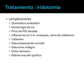    complicaciones
       Quemadura endotelial
       Hemorragia de iris
       Picos de PIO elevada
       Inflamación en C A –sinequias, cierre de iridotomia
       Cataratas
       Descompensación corneal
       Glaucoma maligno
       Daño retiniano
       Edema macular quistico
 
