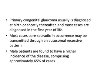 • Primary congenital glaucoma usually is diagnosed
at birth or shortly thereafter, and most cases are
diagnosed in the first year of life.
• Most cases oare sporadic in occurrence may be
transmitted through an autosomal recessive
pattern
• Male patients are found to have a higher
incidence of the disease, comprising
approximately 65% of cases.
 