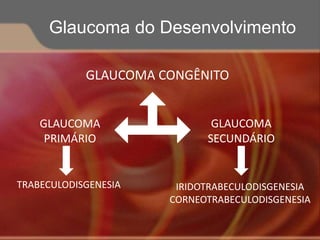 GLAUCOMA CONGÊNITO
GLAUCOMA
PRIMÁRIO
GLAUCOMA
SECUNDÁRIO
IRIDOTRABECULODISGENESIA
CORNEOTRABECULODISGENESIA
TRABECULODISGENESIA
Glaucoma do Desenvolvimento
 