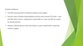 Ahmed vs Molteno:
 The IOP lowering effect of Molteno implants were higher.
 Success rates of double plated Molteno devices were around 73% after 1 year
and 56% after 5 years, compared to around 60% at 1 year and 50% at 5 years
for Ahmed devices.
 However, Ahmed devices were less likely to cause complications requiring
another surgery.
 