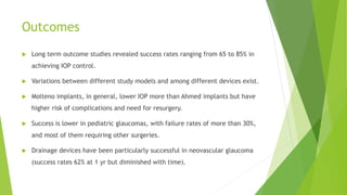 Outcomes
 Long term outcome studies revealed success rates ranging from 65 to 85% in
achieving IOP control.
 Variations between different study models and among different devices exist.
 Molteno implants, in general, lower IOP more than Ahmed implants but have
higher risk of complications and need for resurgery.
 Success is lower in pediatric glaucomas, with failure rates of more than 30%,
and most of them requiring other surgeries.
 Drainage devices have been particularly successful in neovascular glaucoma
(success rates 62% at 1 yr but diminished with time).
 